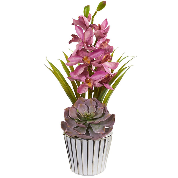 Cymbidium Orchid and Succulent Artificial Arrangement