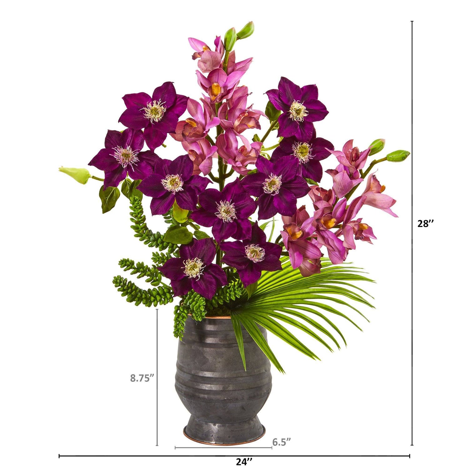 Cymbidium Orchid, Anemone, Succulent and Fan Palm Artificial Arrangement