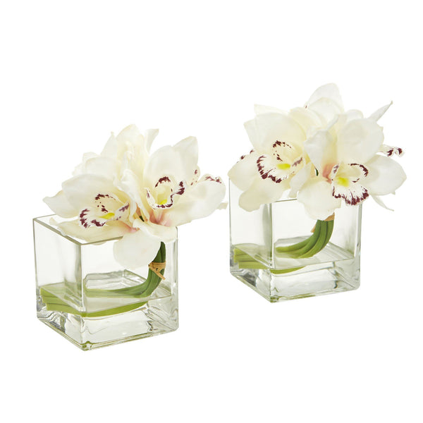 Cymbidium Orchid Artificial Arrangement in Glass Vase (Set of 2)