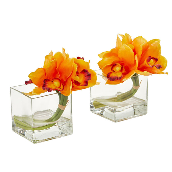 Cymbidium Orchid Artificial Arrangement in Glass Vase (Set of 2)