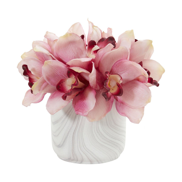 Cymbidium Orchid Artificial Arrangement in Marble Vase