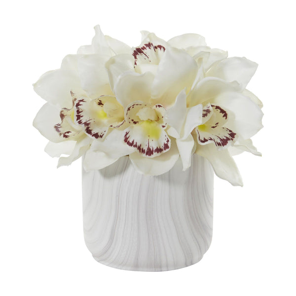 Cymbidium Orchid Artificial Arrangement in Marble Vase