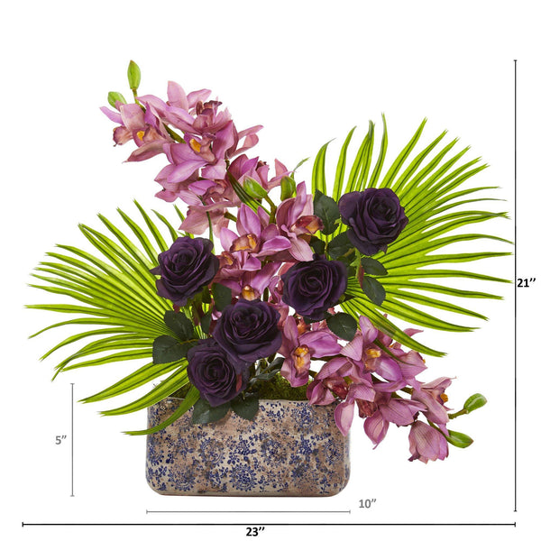 Cymbidium Orchid, Rose and Fan Palm Artificial Arrangement