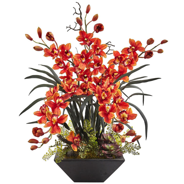 Cymbidium Orchid with Black Vase