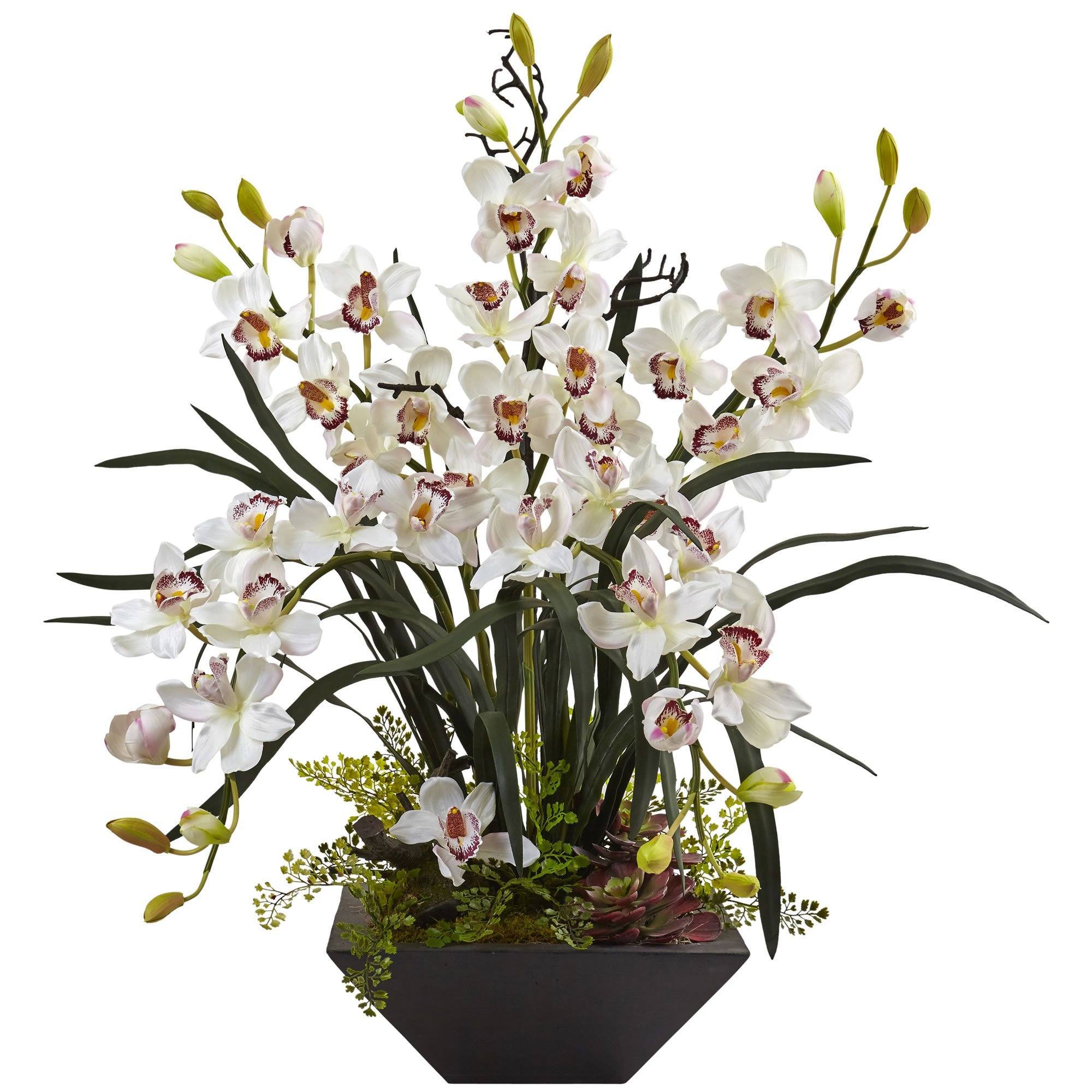 Cymbidium Orchid with Black Vase 1404 Nearly Natural
