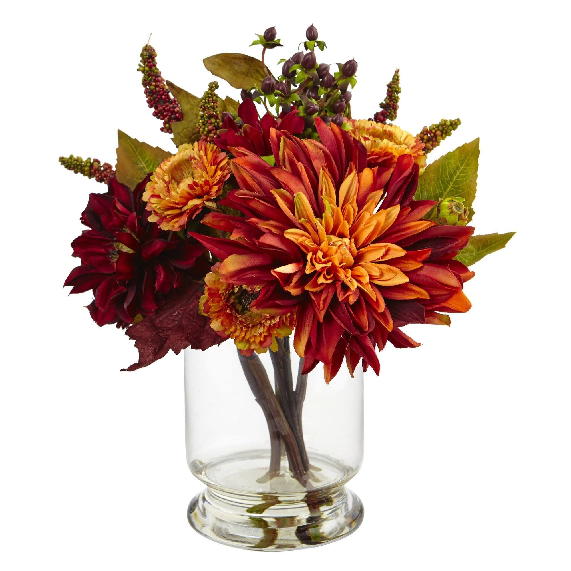 monstera and ginger with red dahlias arrangement Dahlia & Mum w/Vase Arrangement