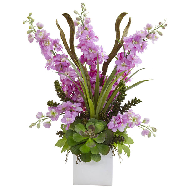 Delphinium and Succulent Arrangement