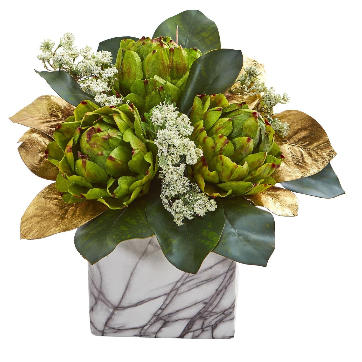 Golden Magnolias & Artichokes Artificial Arrangement in Marble Finished Planter