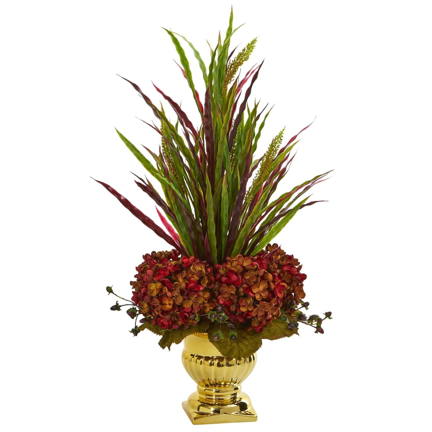 Grass & Hydrangea Artificial Arrangement in Gold Urn