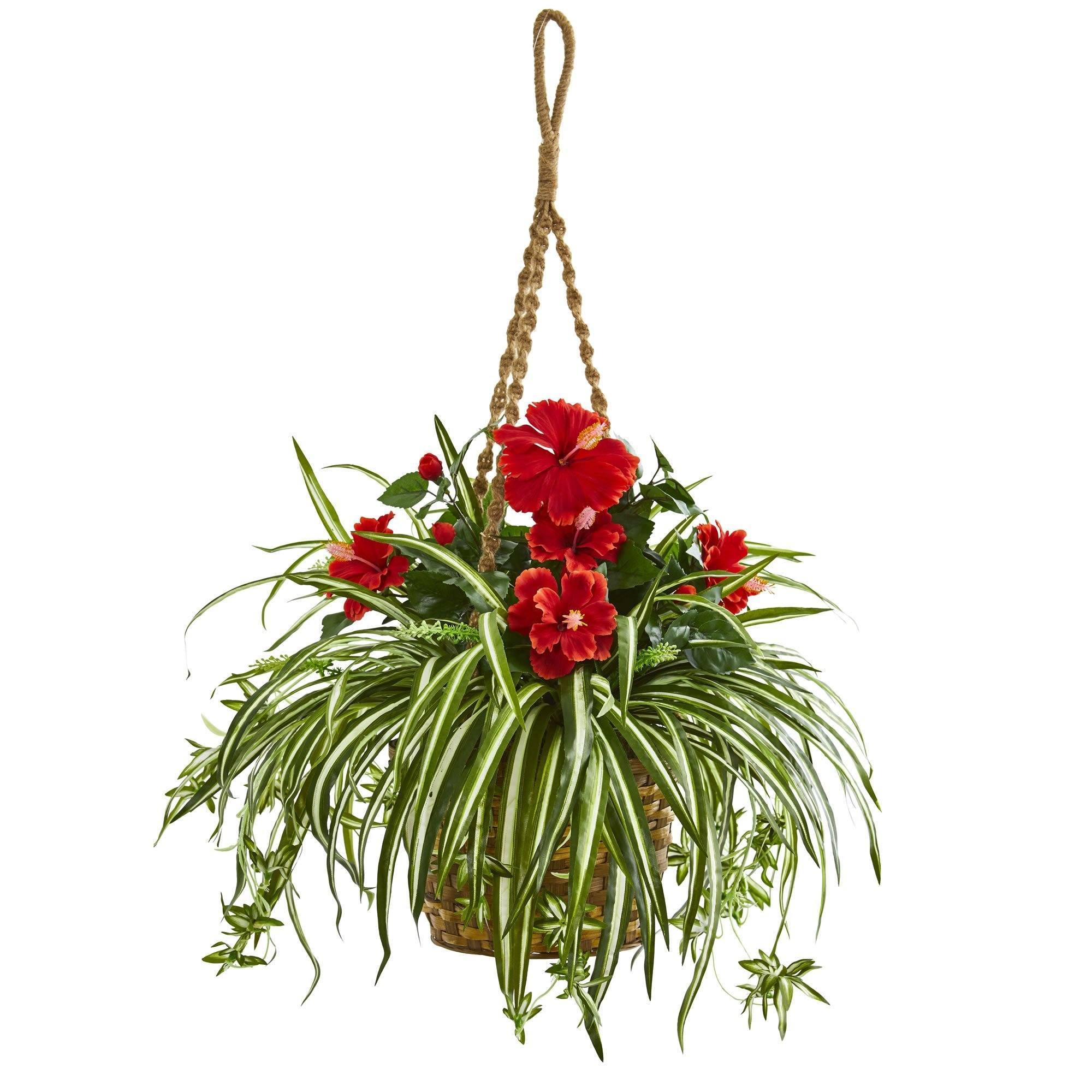 plant with hanging red flowers Nearly Natural Hibiscus & Spider Artificial Plant in Hanging Basket