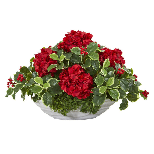 Hydrangea and Holly Leaf Artificial Arrangement in Decorative Vase