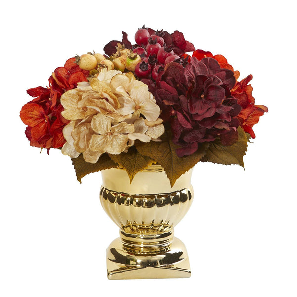 Hydrangea Berry Artificial Arrangement in Gold Urn