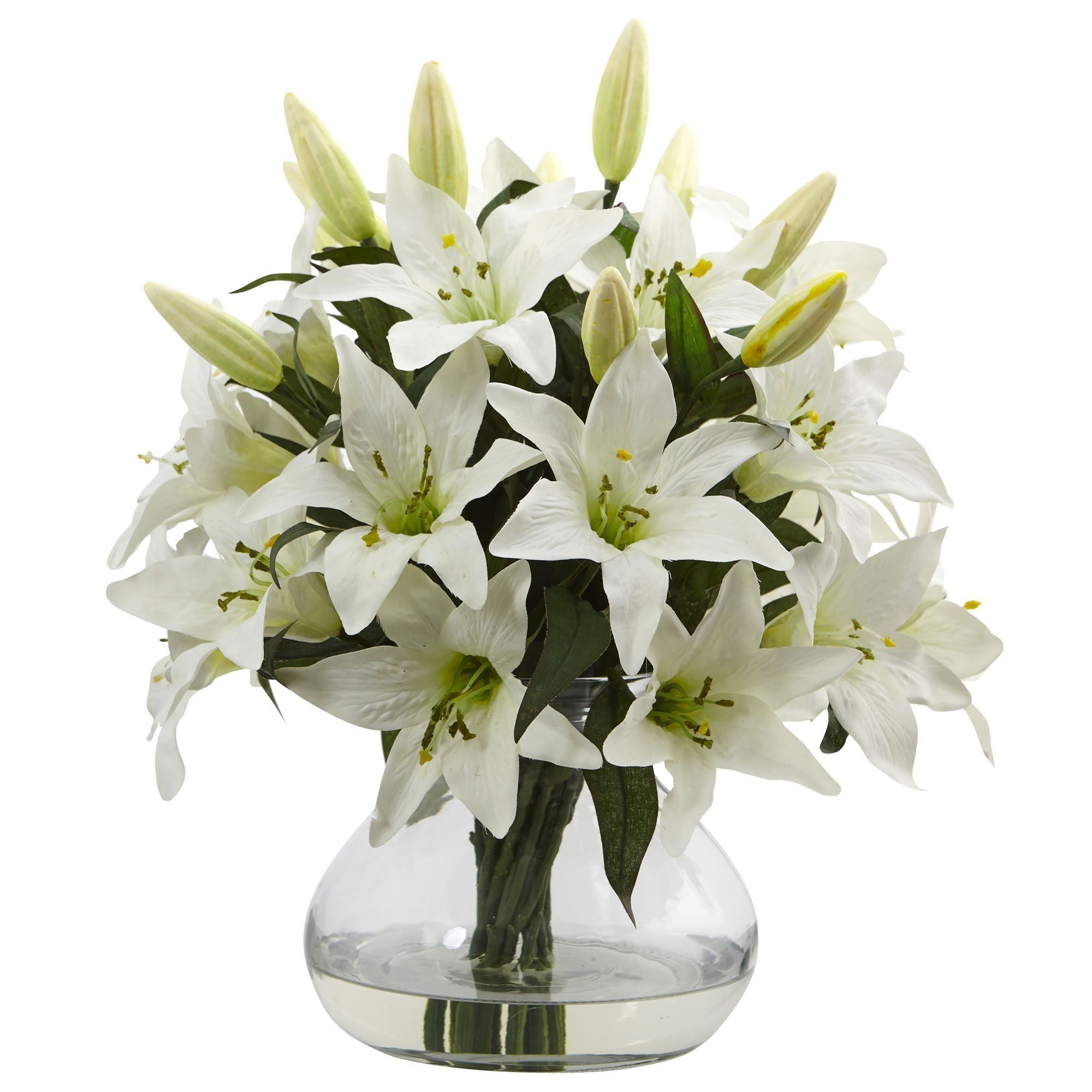 artificial white lilies in vase Nearly Natural 16in. Lily Silk Arrangement with Glass Vase