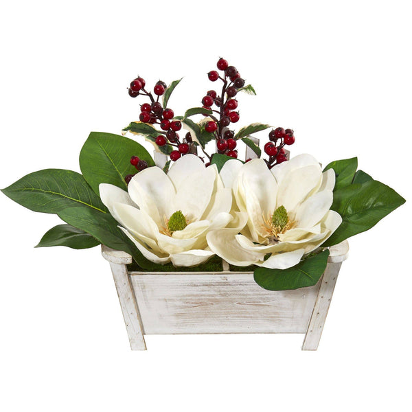 Magnolias and Berries Artificial Arrangement in Chair Planter