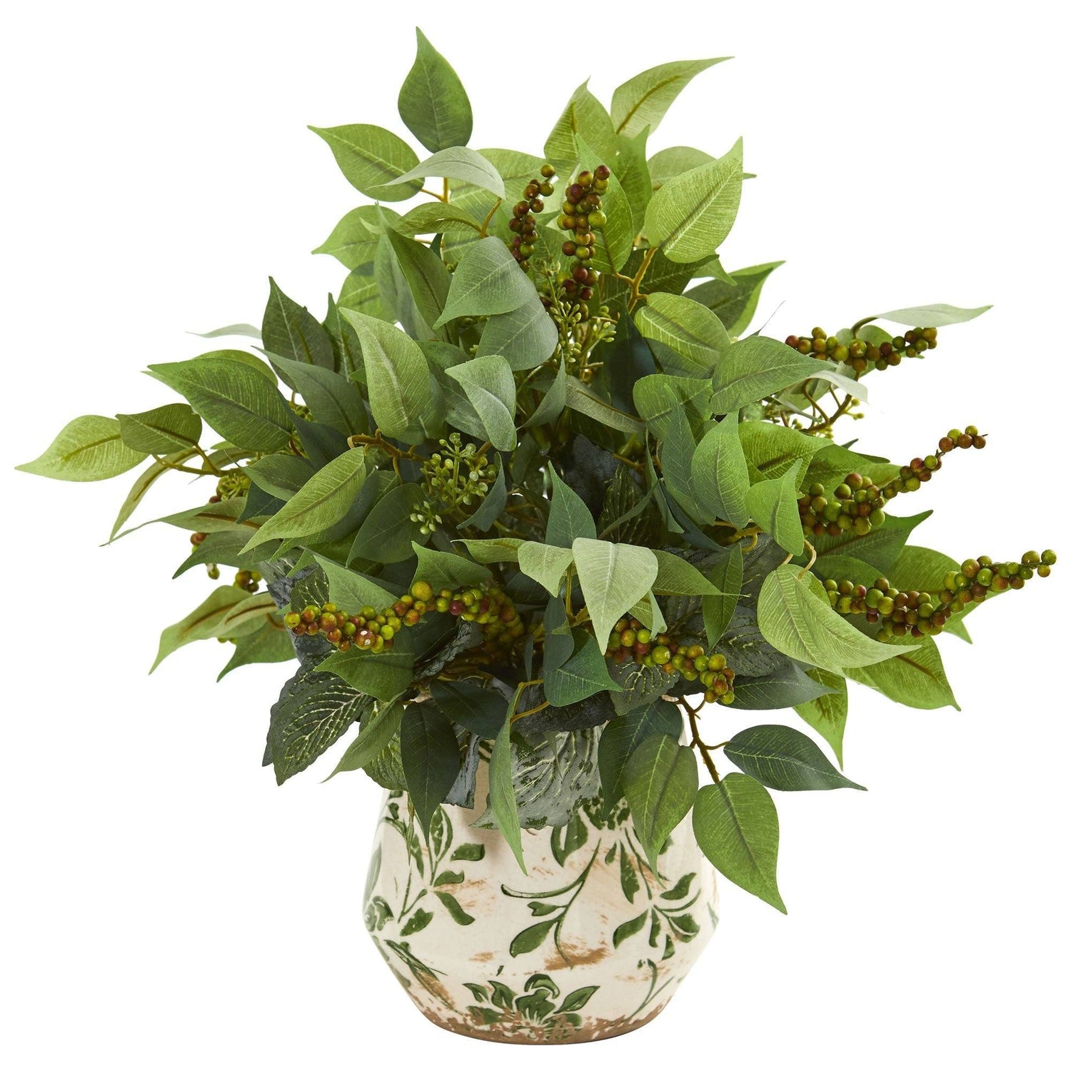 Mixed Ficus, Fittonia and Berries Artificial Plant in Floral Vase