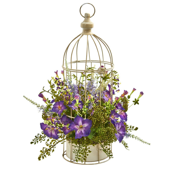 Morning Glory Artificial Arrangement in Decorative Bird Cage