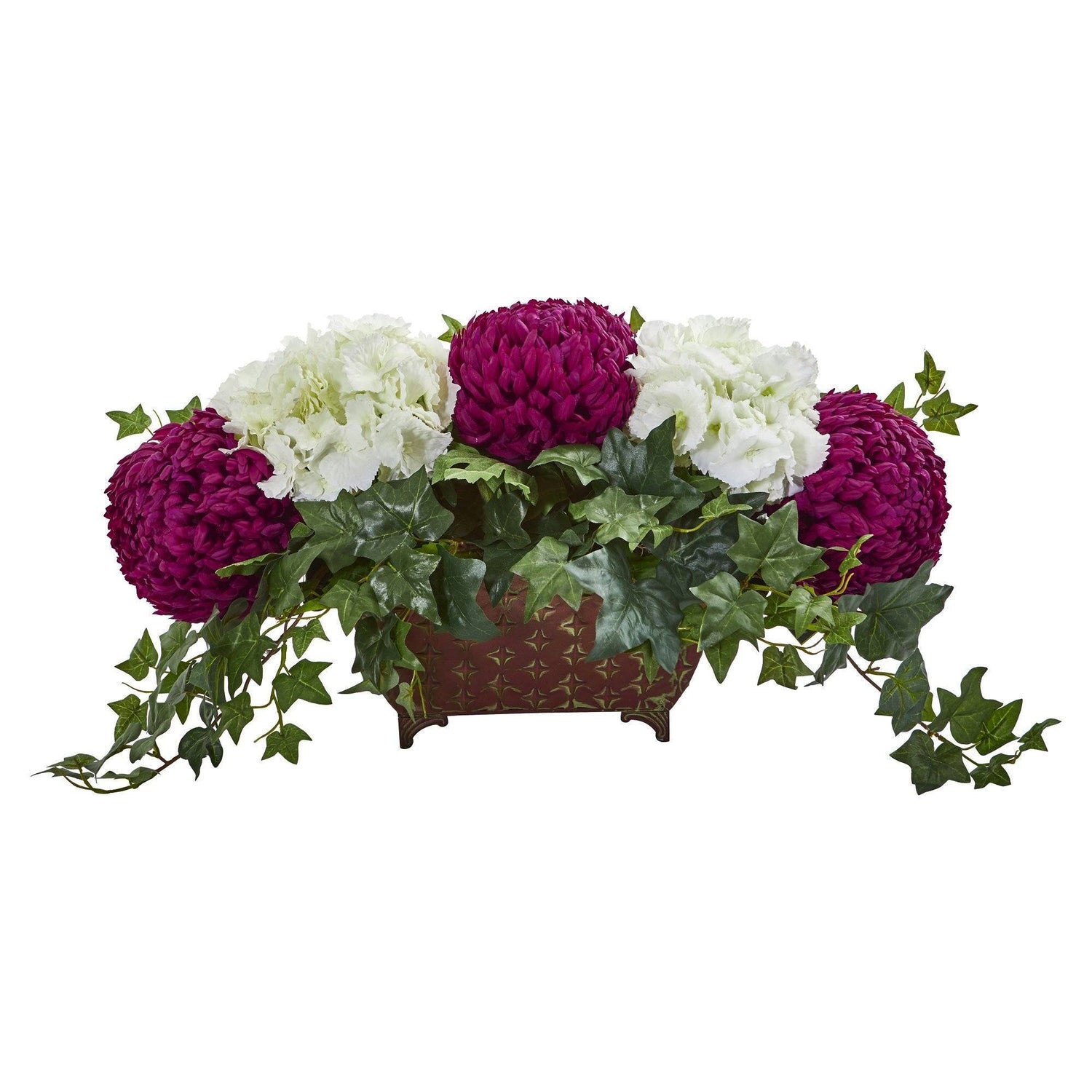Mum & Hydrangea Artificial Arrangement in Metal Planter