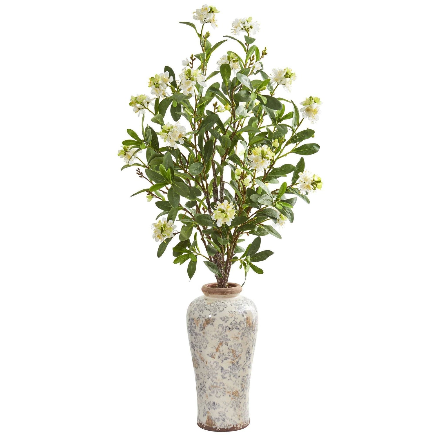 Peach Blossom Artificial Arrangement in Floral Printed Urn