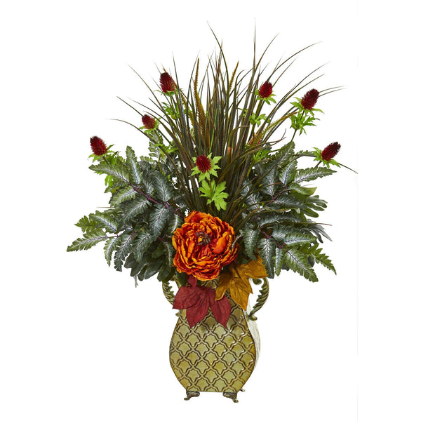 Peony Mixed Greens and Thistle Artificial Arrangement