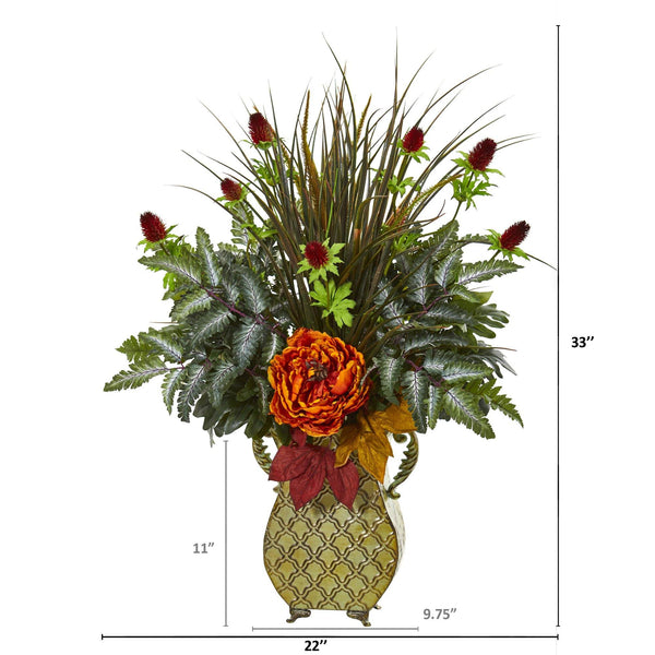 Peony Mixed Greens and Thistle Artificial Arrangement