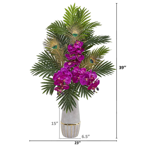 Phalaenopsis Orchid and Peacock Feather Artificial Arrangement