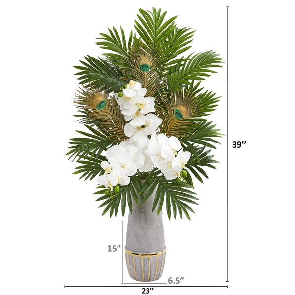Phalaenopsis Orchid and Peacock Feather Artificial Arrangement