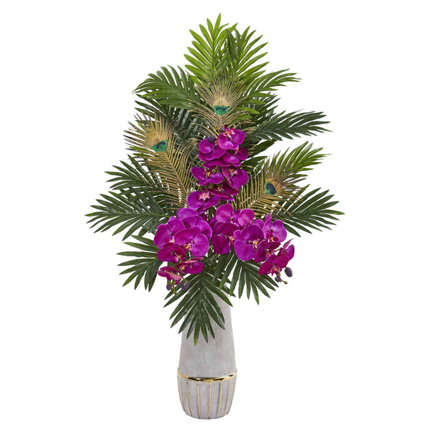 Phalaenopsis Orchid and Peacock Feather Artificial Arrangement