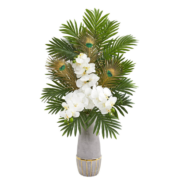 Phalaenopsis Orchid and Peacock Feather Artificial Arrangement