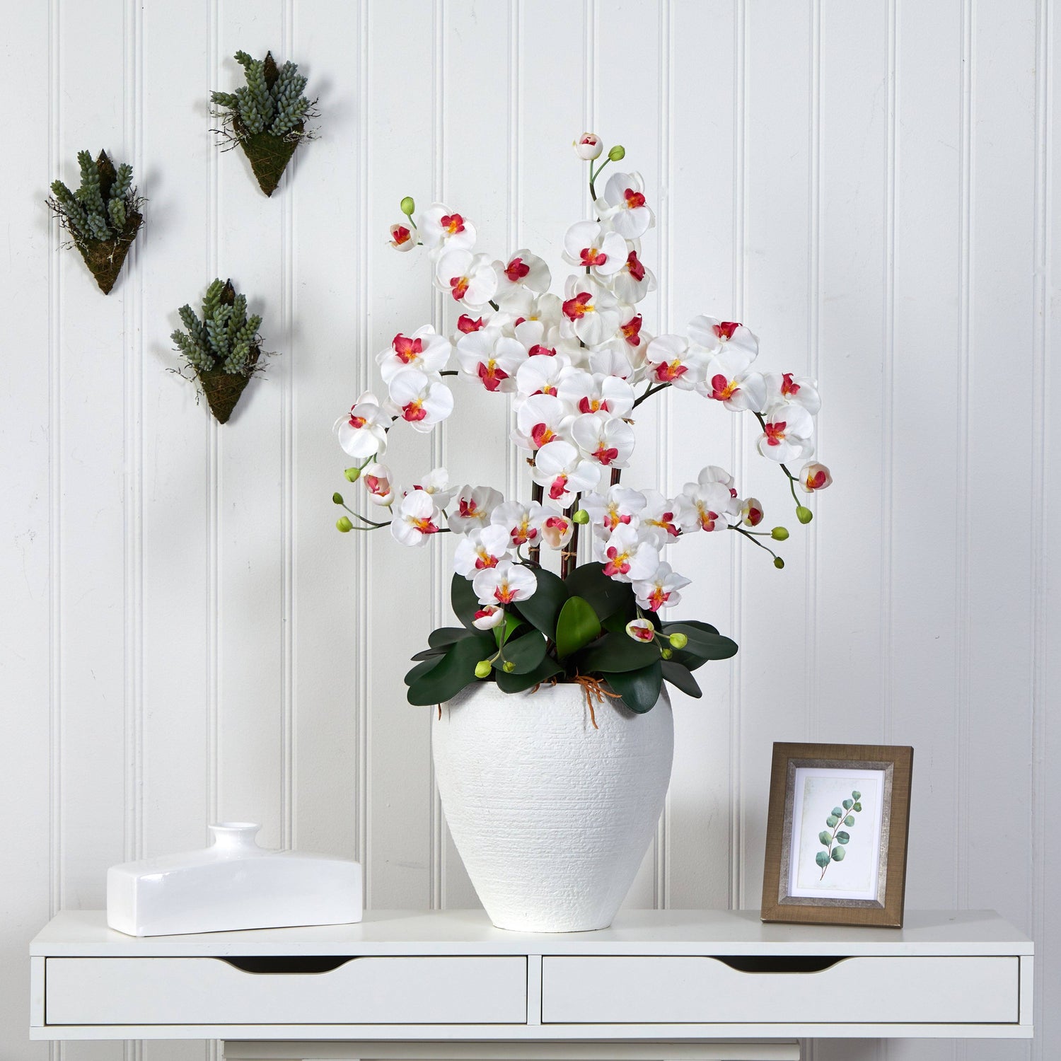 Silk Phalaenopsis Orchid with White Planter