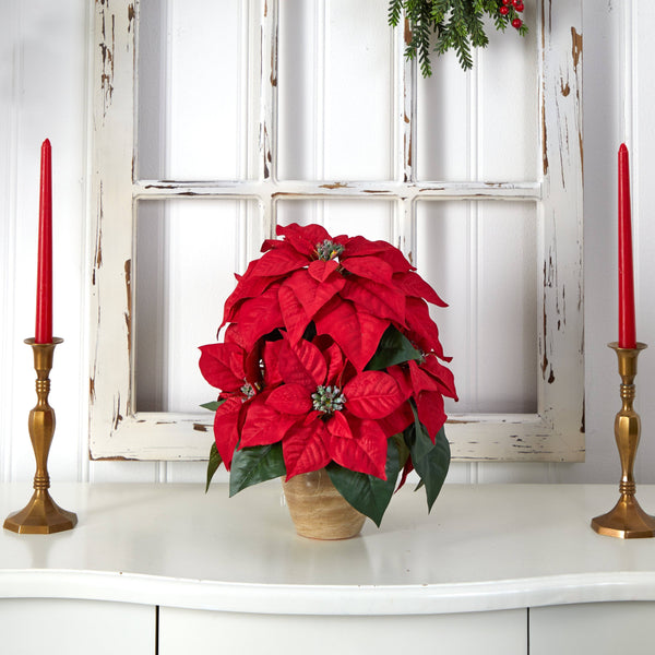 Poinsettia w/Ceramic Vase Silk Flower Arrangement