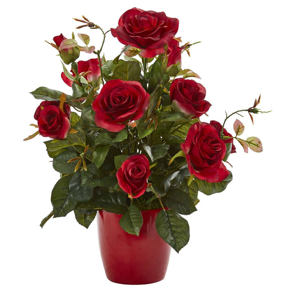 Rose Artificial Plant in Red Planter (Set of 2)