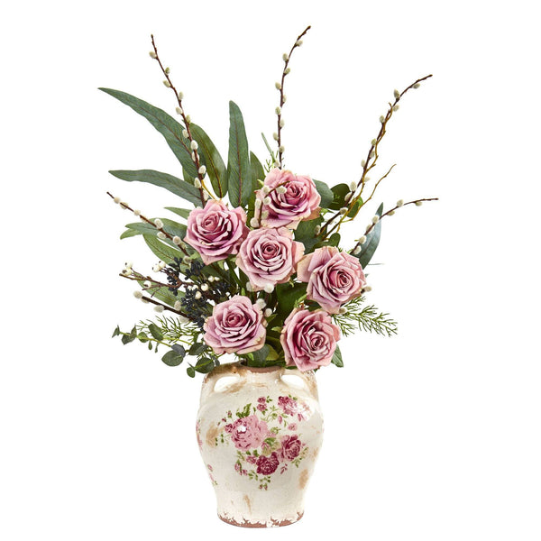 Rose, Eucalyptus and Pussy Willow Artificial Arrangement in Floral Print Vase