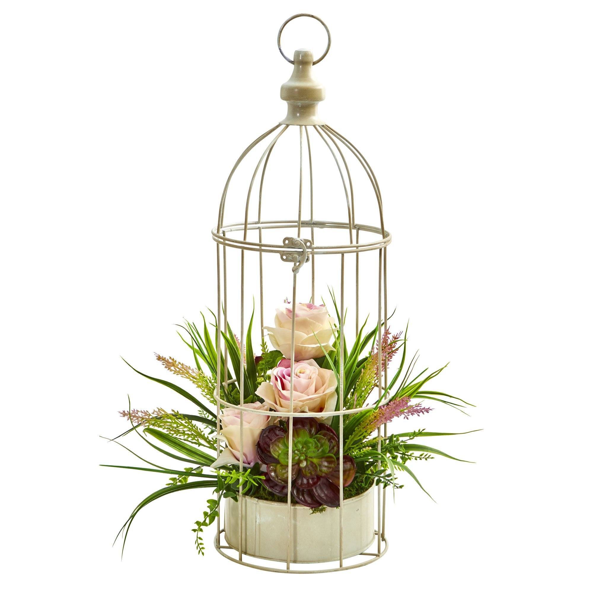 succulents in bird cages Rose, Grass & Succulent Artificial Arrangement in Bird Cage