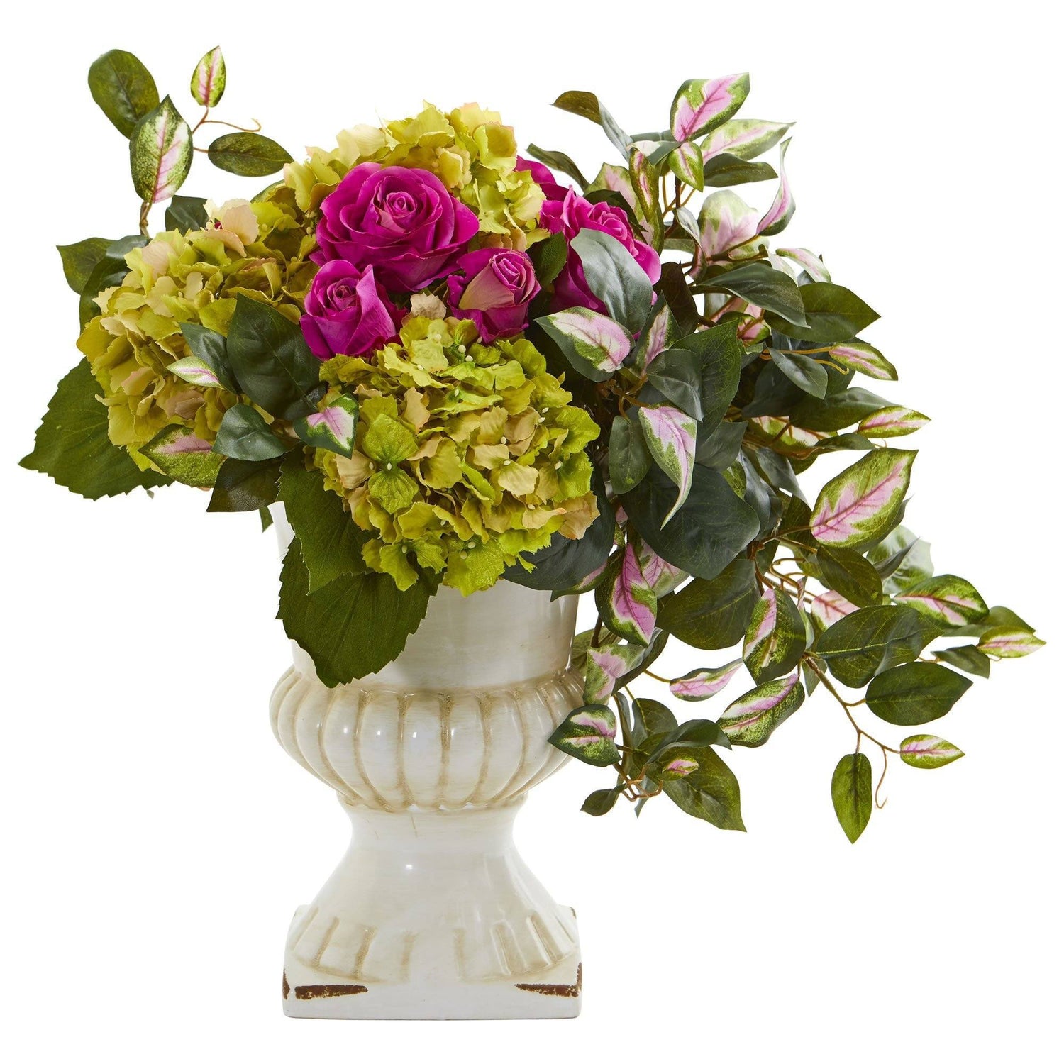 Rose, Hydrangea and Hoya Artificial Arrangement in Ceramic Urn