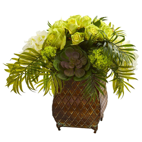 Roses and Hydrangea Artificial Arrangement in Metal Planter