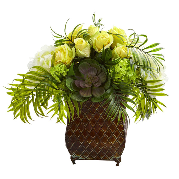 Roses and Hydrangea Artificial Arrangement in Metal Planter