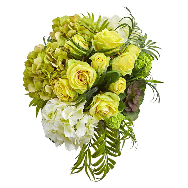 Roses and Hydrangea Artificial Arrangement in Metal Planter