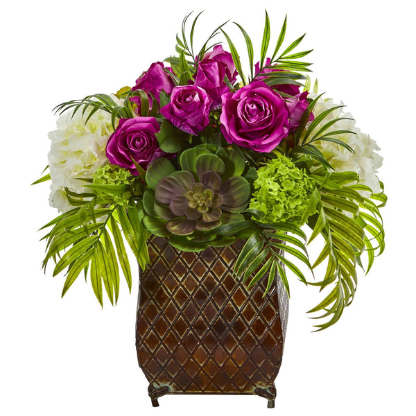 Roses and Hydrangea Artificial Arrangement in Metal Planter