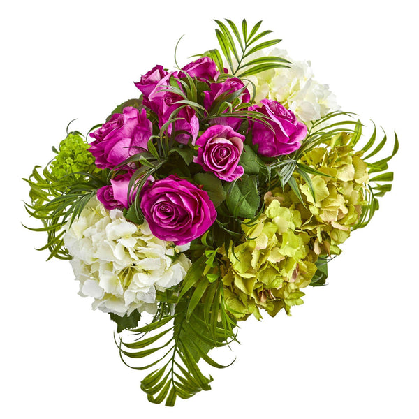 Roses and Hydrangea Artificial Arrangement in Metal Planter
