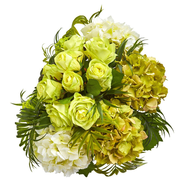 Roses and Hydrangea Artificial Arrangement in Metal Planter