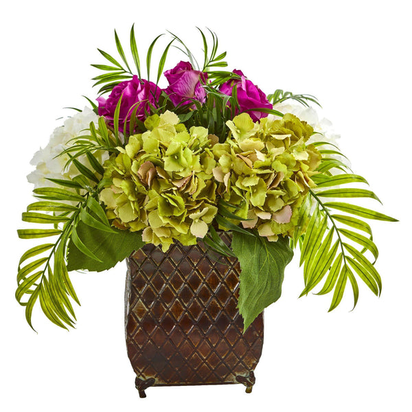 Roses and Hydrangea Artificial Arrangement in Metal Planter