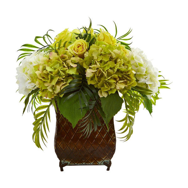 Roses and Hydrangea Artificial Arrangement in Metal Planter