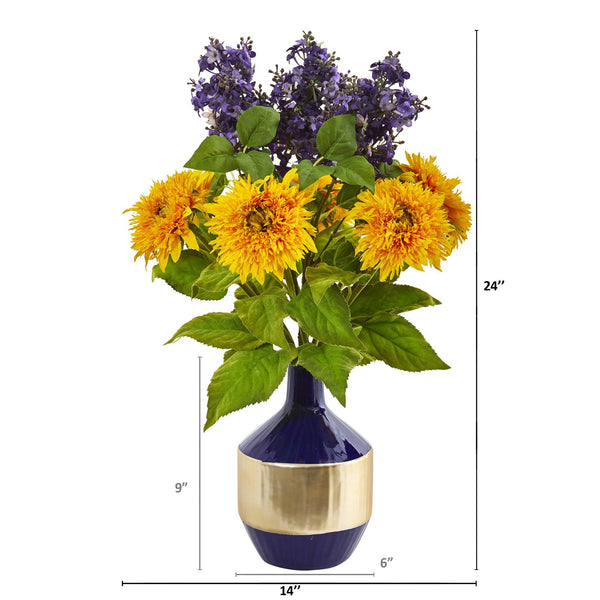 Sunflower and Lilac Artificial Arrangement in Blue and Gold Vase