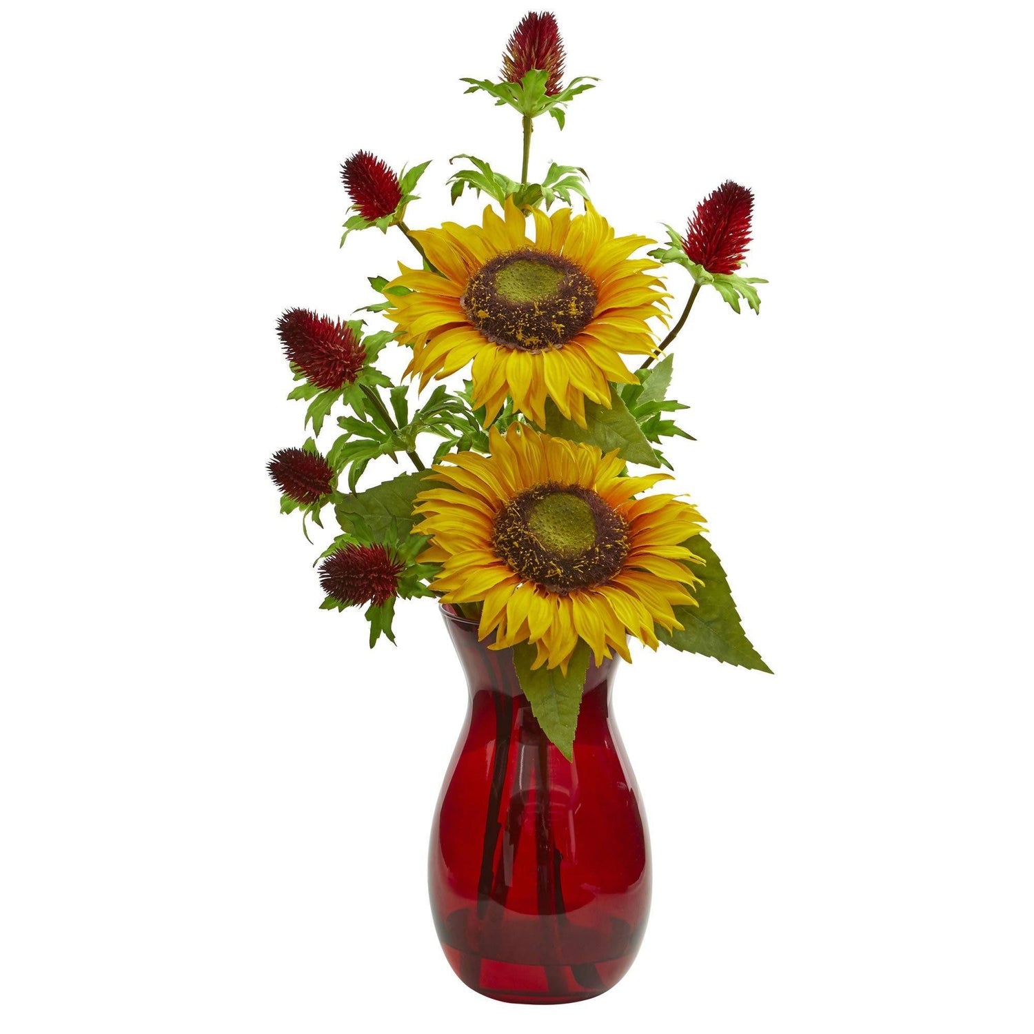 Sunflower and Thistle Artificial Arrangement in Red Vase
