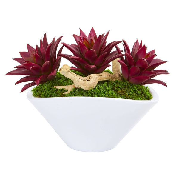 Triple Spiky Succulent Artificial Plant in White Vase