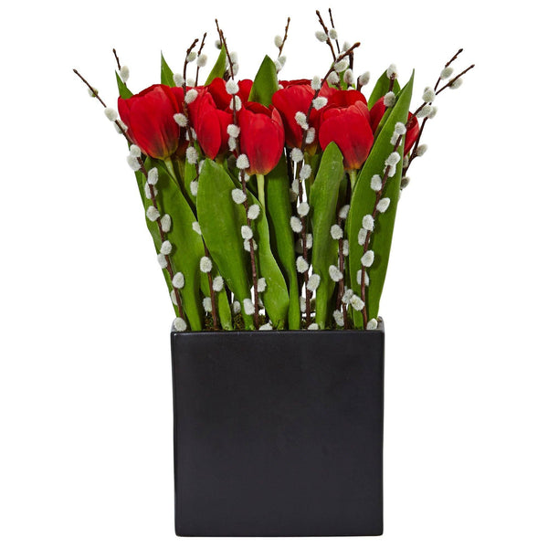 Tulips and Willow in Black Square Vase