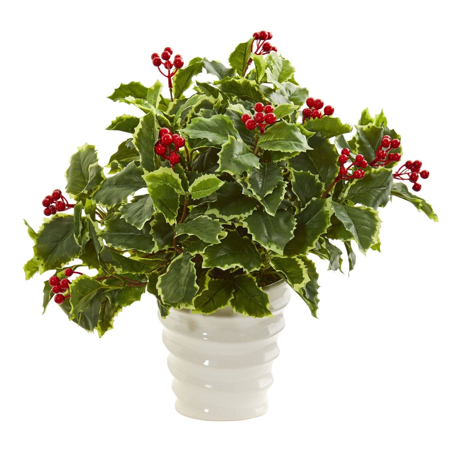 Variegated Holly Artificial Plant in White Vase (Real Touch)