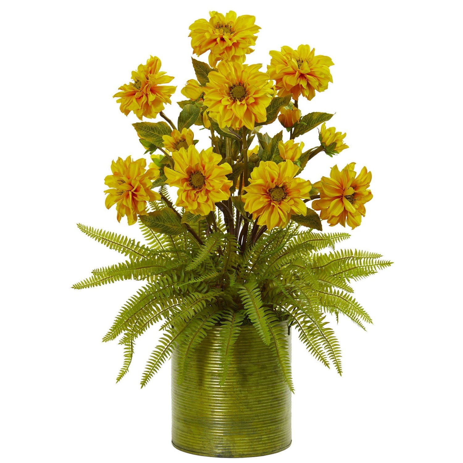 Zinnia and Fern Artificial Arrangement in Metal Planter