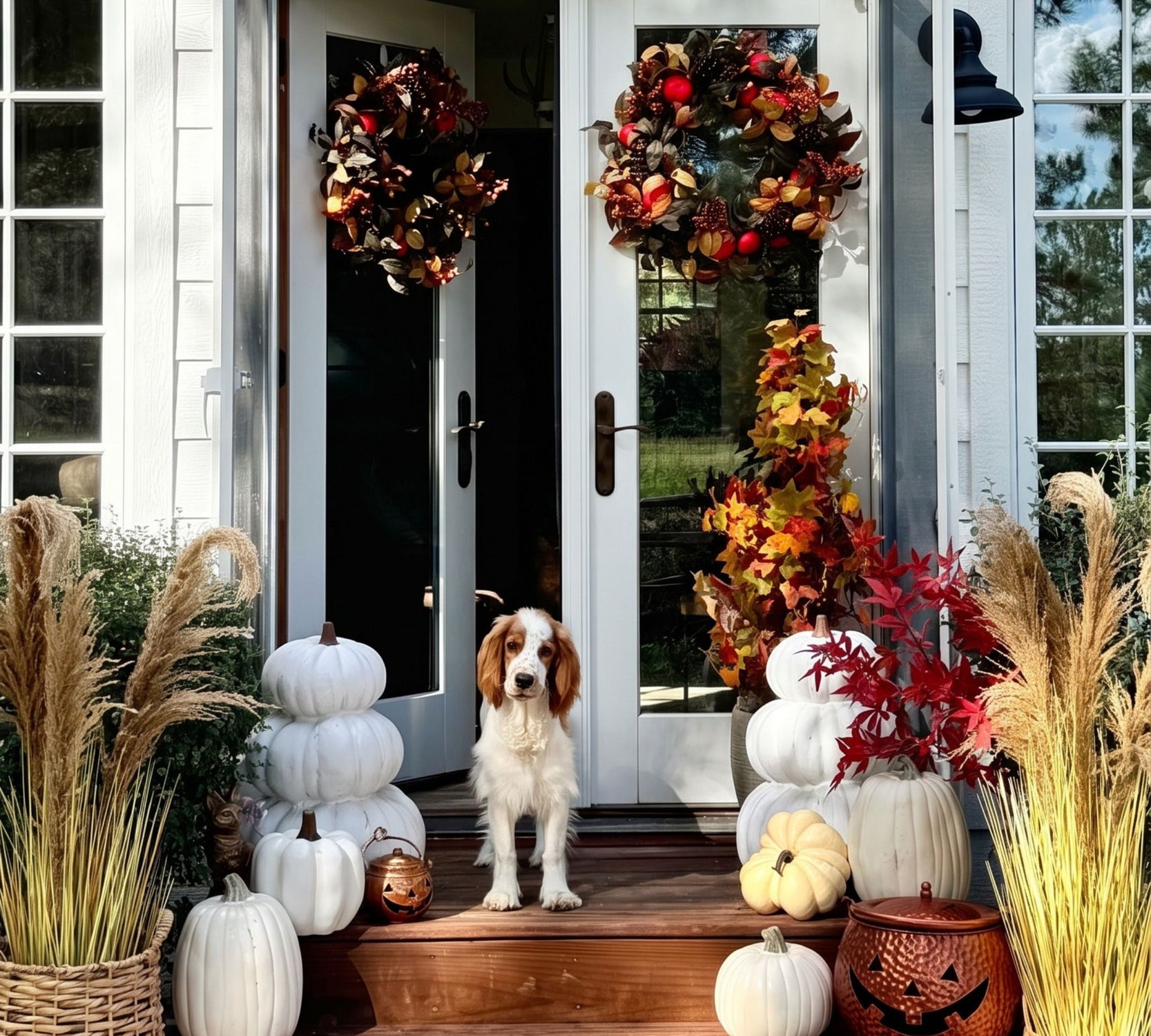 A dog stands on a front porch decorated for autumn, with white pumpkins, pampas grass, red and yellow fall leaves, wreaths, and a jack-o'-lantern around a white door.