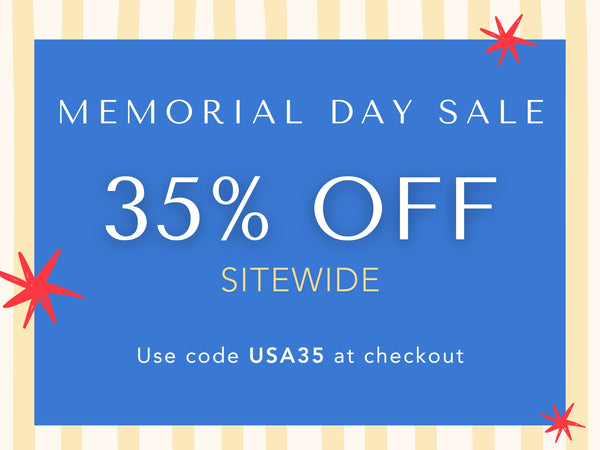 Memorial Day sale banner with 35% off text and red stars on a blue background